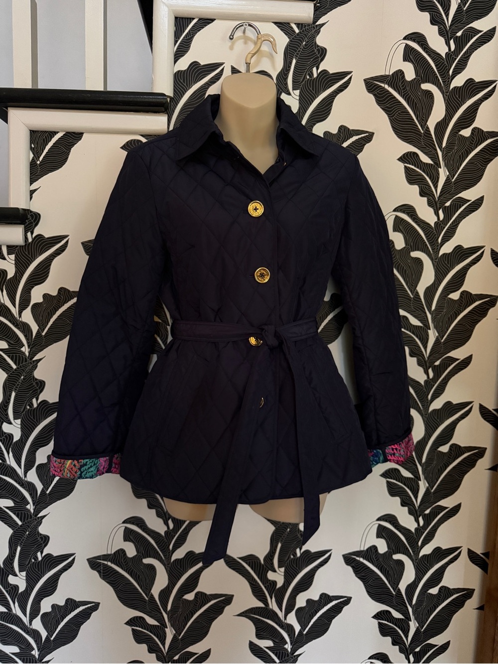 Lilly Pulitzer Navy Quilted Belted Jacket Coat Size Small